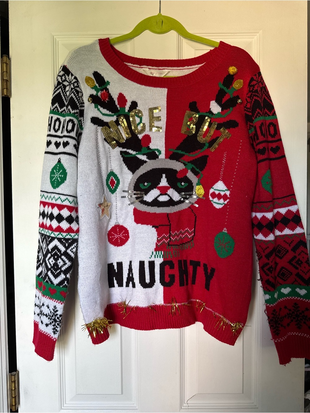 No Boundaries Red & White 'Naughty' Cat Holiday Sweater